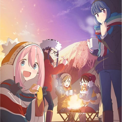yuru camp characters gathering around a firepit